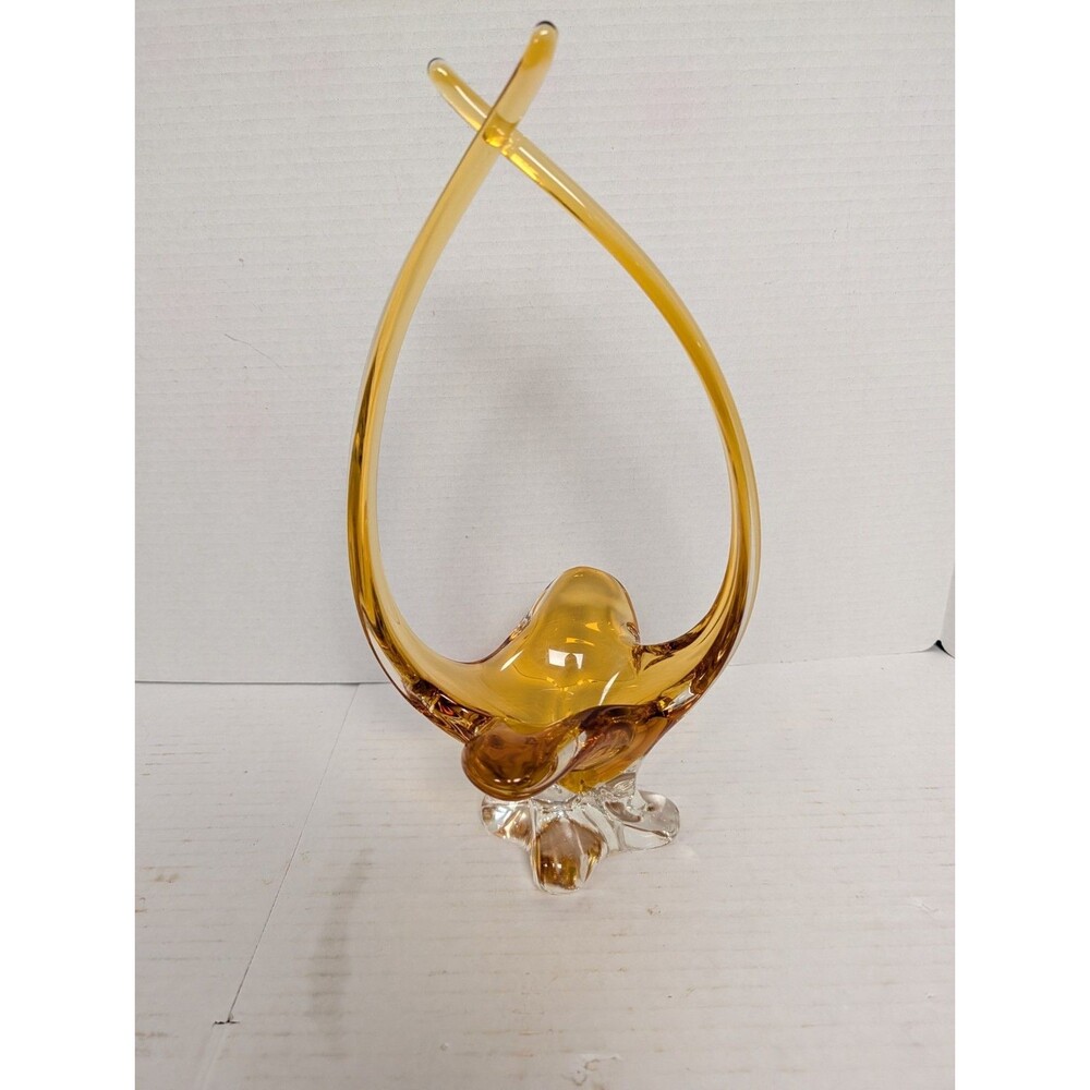 Vintage Chalet 20” Yellow Basket Bowl Signed Chalet Canada Art Glass Beautiful